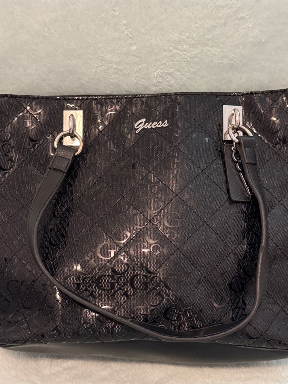 Guess Black Quilted Logo Patent Tote